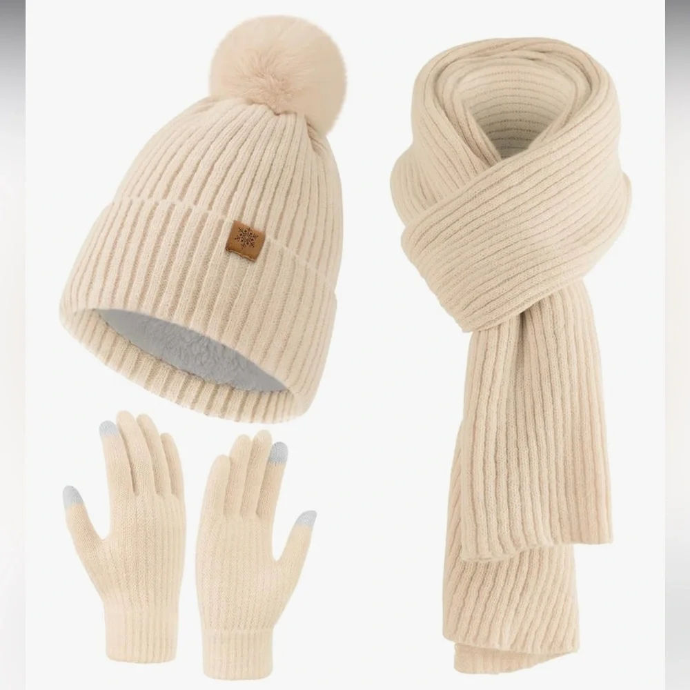 🆕 Womens Winter Beanie Hat Scarf Gloves Set,Touchscreen Gloves for Women 3 in 1
